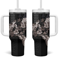 Hawaii Aloha Turtle Hibiscus and Leaves Tumbler With Handle with Polynesian and Kakau Tattoos Black Color LT03 One Size: 40 oz Black - Polynesian Pride
