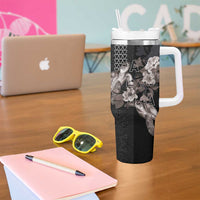 Hawaii Aloha Turtle Hibiscus and Leaves Tumbler With Handle with Polynesian and Kakau Tattoos Black Color LT03 - Polynesian Pride