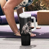 Hawaii Aloha Turtle Hibiscus and Leaves Tumbler With Handle with Polynesian and Kakau Tattoos Black Color LT03 - Polynesian Pride