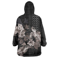 Hawaii Aloha Turtle Hibiscus and Leaves Wearable Blanket Hoodie with Polynesian and Kakau Tattoos Black Color LT03 - Polynesian Pride