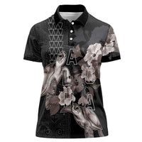 Hawaii Aloha Turtle Hibiscus and Leaves Women Polo Shirt with Polynesian and Kakau Tattoos Black Color LT03 Female Black - Polynesian Pride