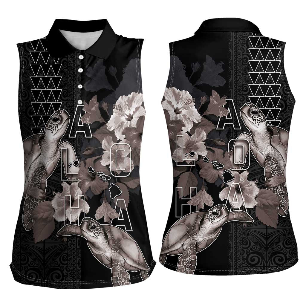 Hawaii Aloha Turtle Hibiscus and Leaves Women Sleeveless Polo Shirt with Polynesian and Kakau Tattoos Black Color LT03 - Polynesian Pride