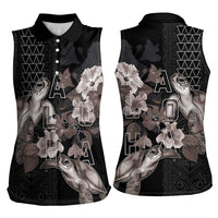 Hawaii Aloha Turtle Hibiscus and Leaves Women Sleeveless Polo Shirt with Polynesian and Kakau Tattoos Black Color LT03 - Polynesian Pride