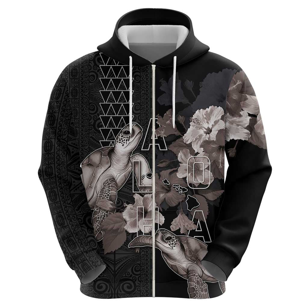 Hawaii Aloha Turtle Hibiscus and Leaves Zip Hoodie with Polynesian and Kakau Tattoos Black Color LT03 - Polynesian Pride