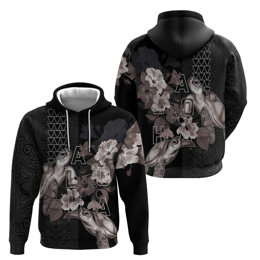 Hawaii Aloha Turtle Hibiscus and Leaves Zip Hoodie with Polynesian and Kakau Tattoos Black Color LT03 - Polynesian Pride