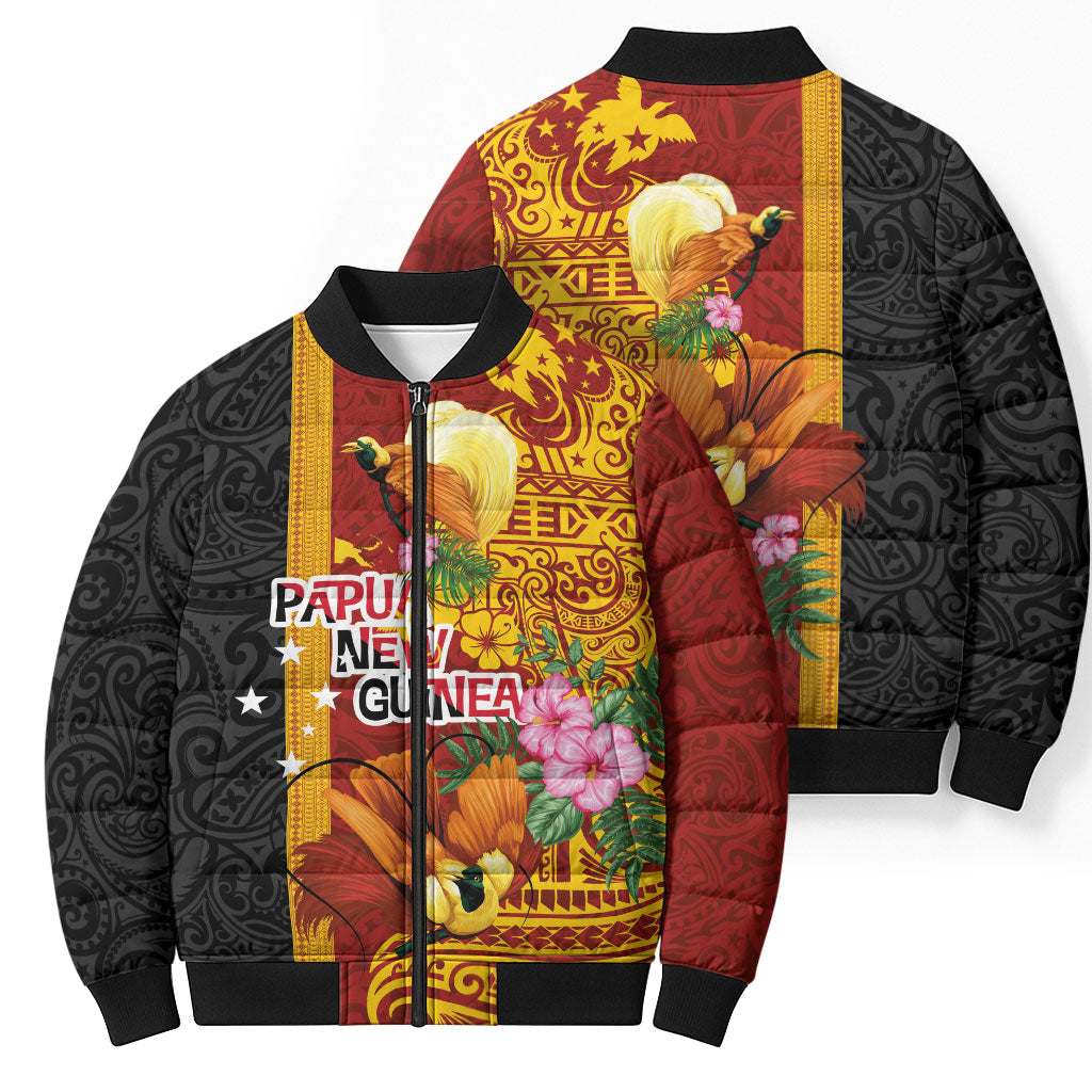 Papua New Guinea Independence Day Bomber Puffer Jacket Birds-of-Paradise Melanesian Tattoos Tropical Plants