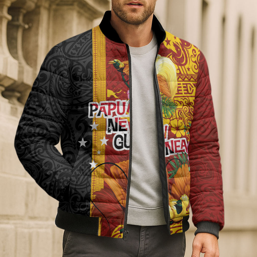 Papua New Guinea Independence Day Bomber Puffer Jacket Birds-of-Paradise Melanesian Tattoos Tropical Plants