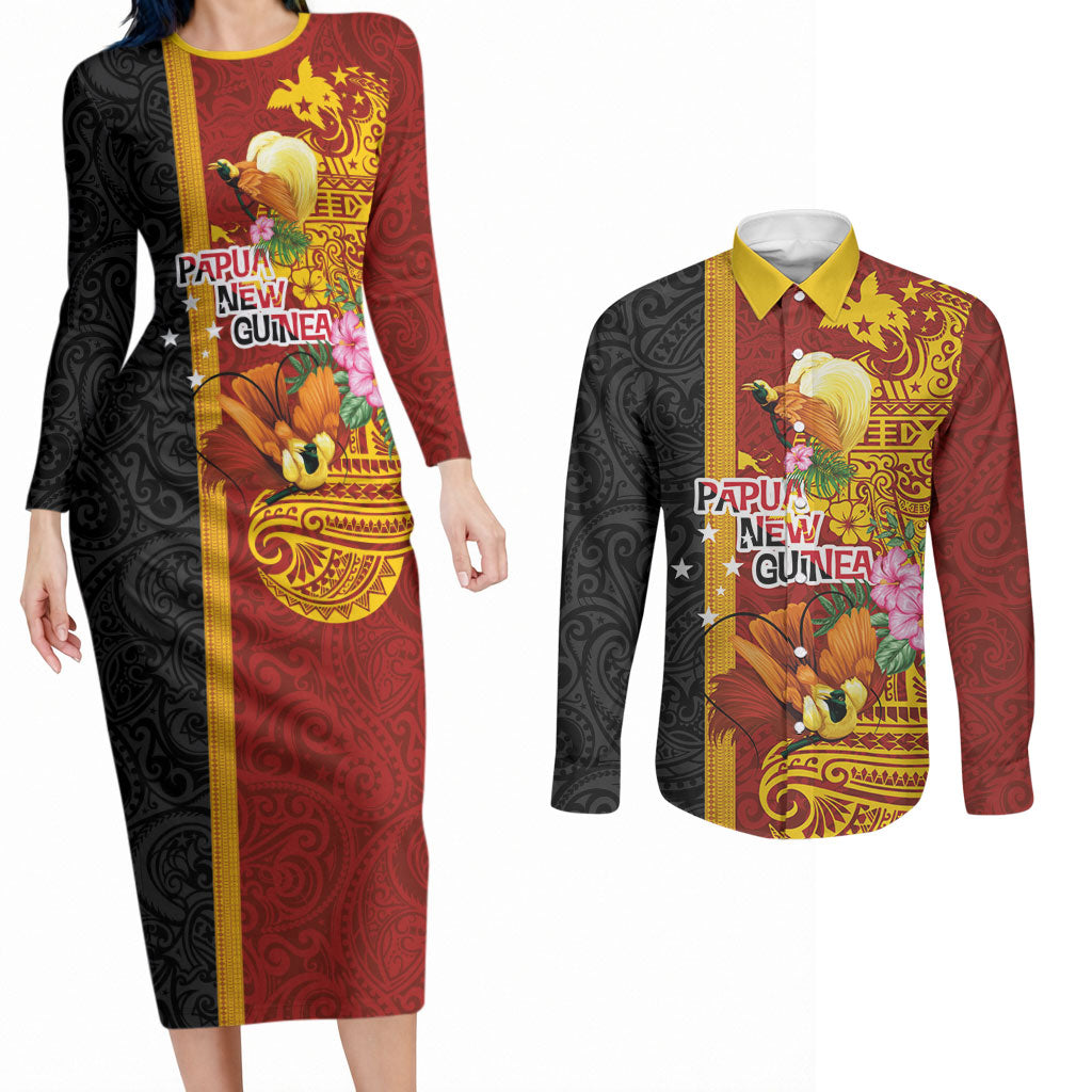 Papua New Guinea Independence Day Couples Matching Long Sleeve Bodycon Dress and Long Sleeve Button Shirt Birds-of-Paradise Melanesian Tattoos Tropical Plants