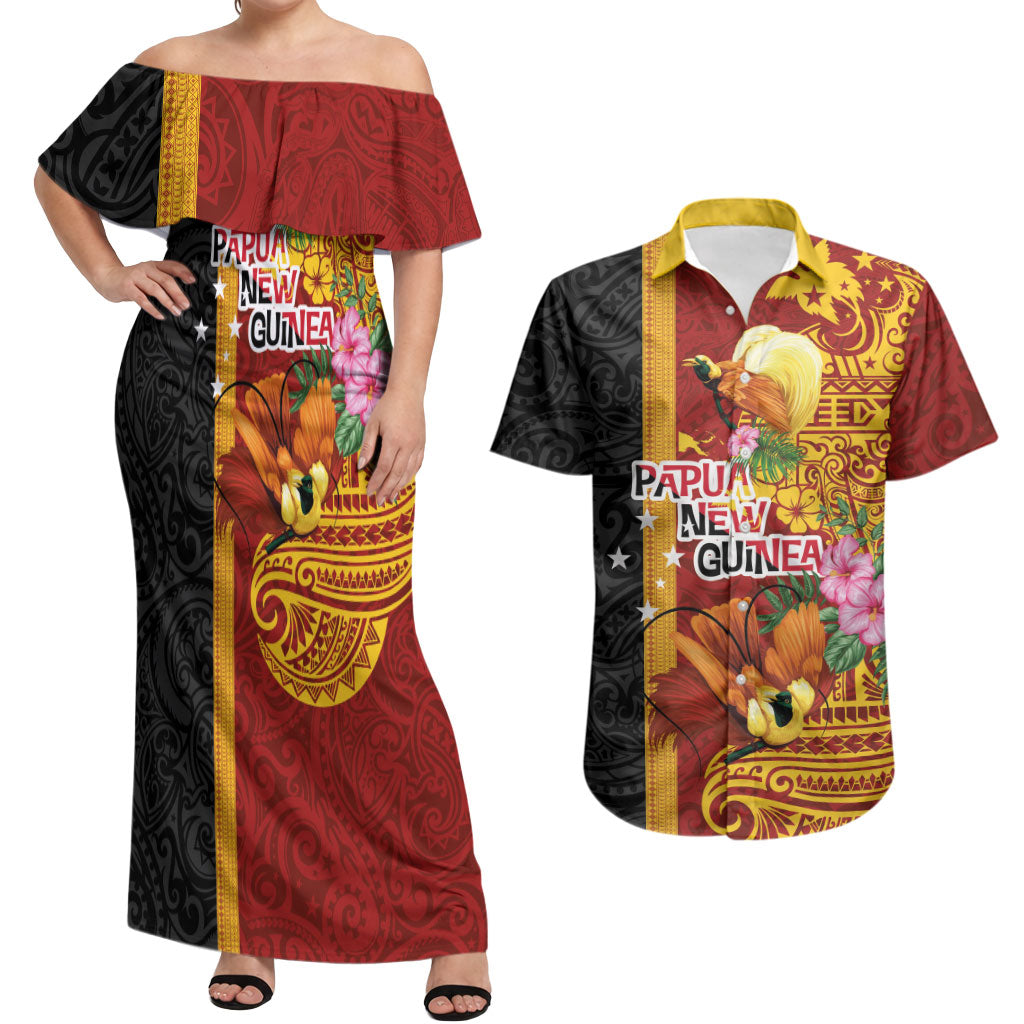 Papua New Guinea Independence Day Couples Matching Off Shoulder Maxi Dress and Hawaiian Shirt Birds-of-Paradise Melanesian Tattoos Tropical Plants LT03 Multicolor - Polynesian Pride