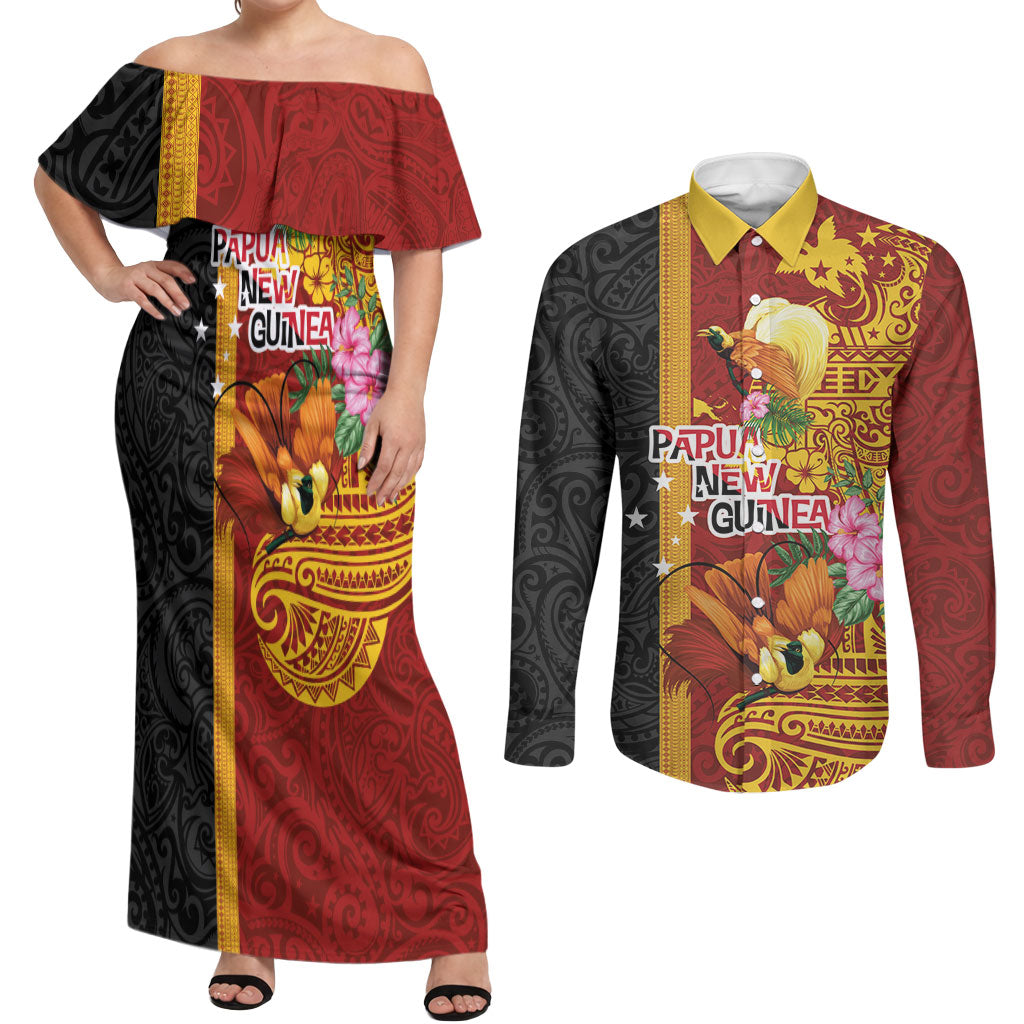 Papua New Guinea Independence Day Couples Matching Off Shoulder Maxi Dress and Long Sleeve Button Shirt Birds-of-Paradise Melanesian Tattoos Tropical Plants LT03 Multicolor - Polynesian Pride