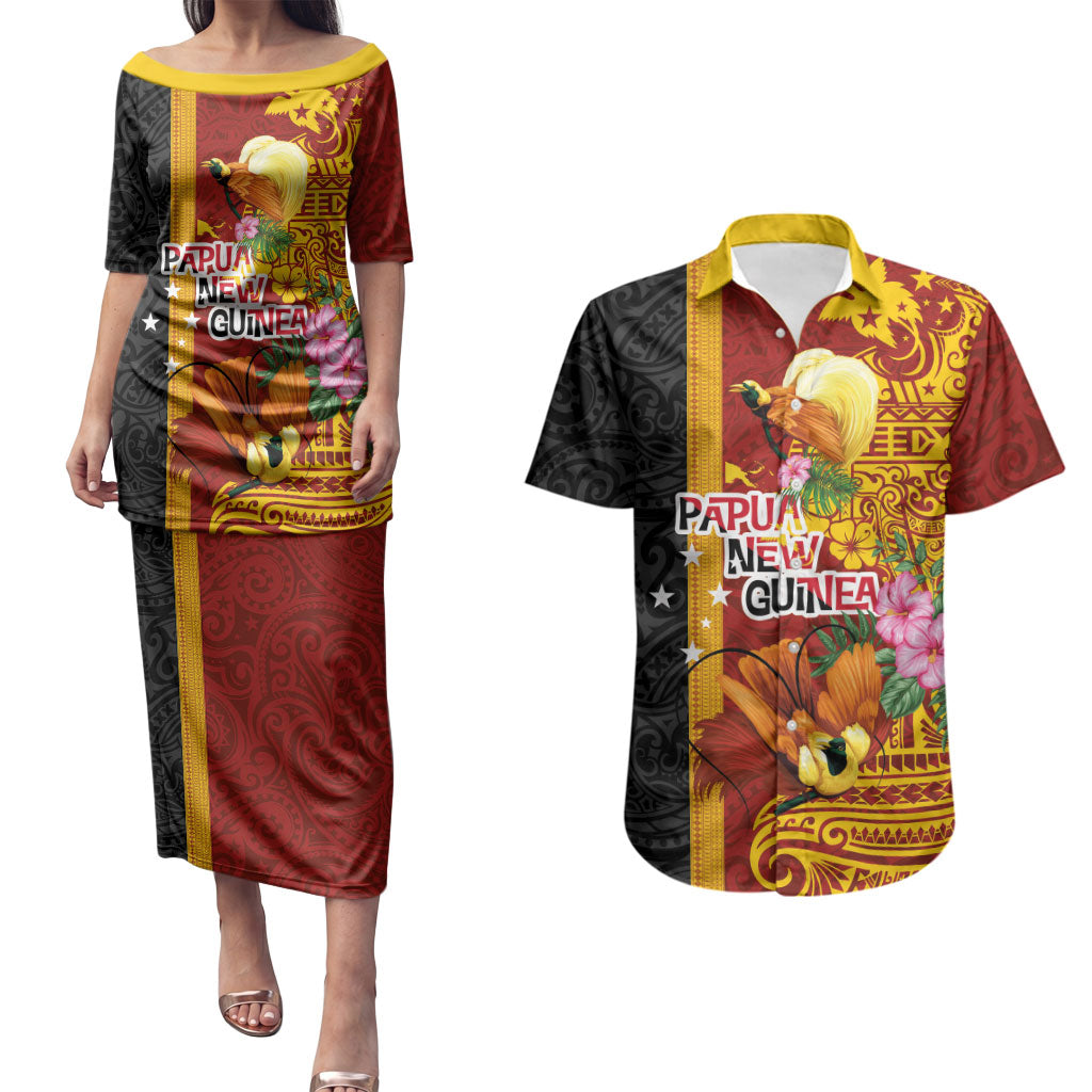 Papua New Guinea Independence Day Couples Matching Puletasi and Hawaiian Shirt Birds-of-Paradise Melanesian Tattoos Tropical Plants LT03 Multicolor - Polynesian Pride