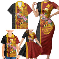 Papua New Guinea Independence Day Family Matching Short Sleeve Bodycon Dress and Hawaiian Shirt Birds-of-Paradise Melanesian Tattoos Tropical Plants