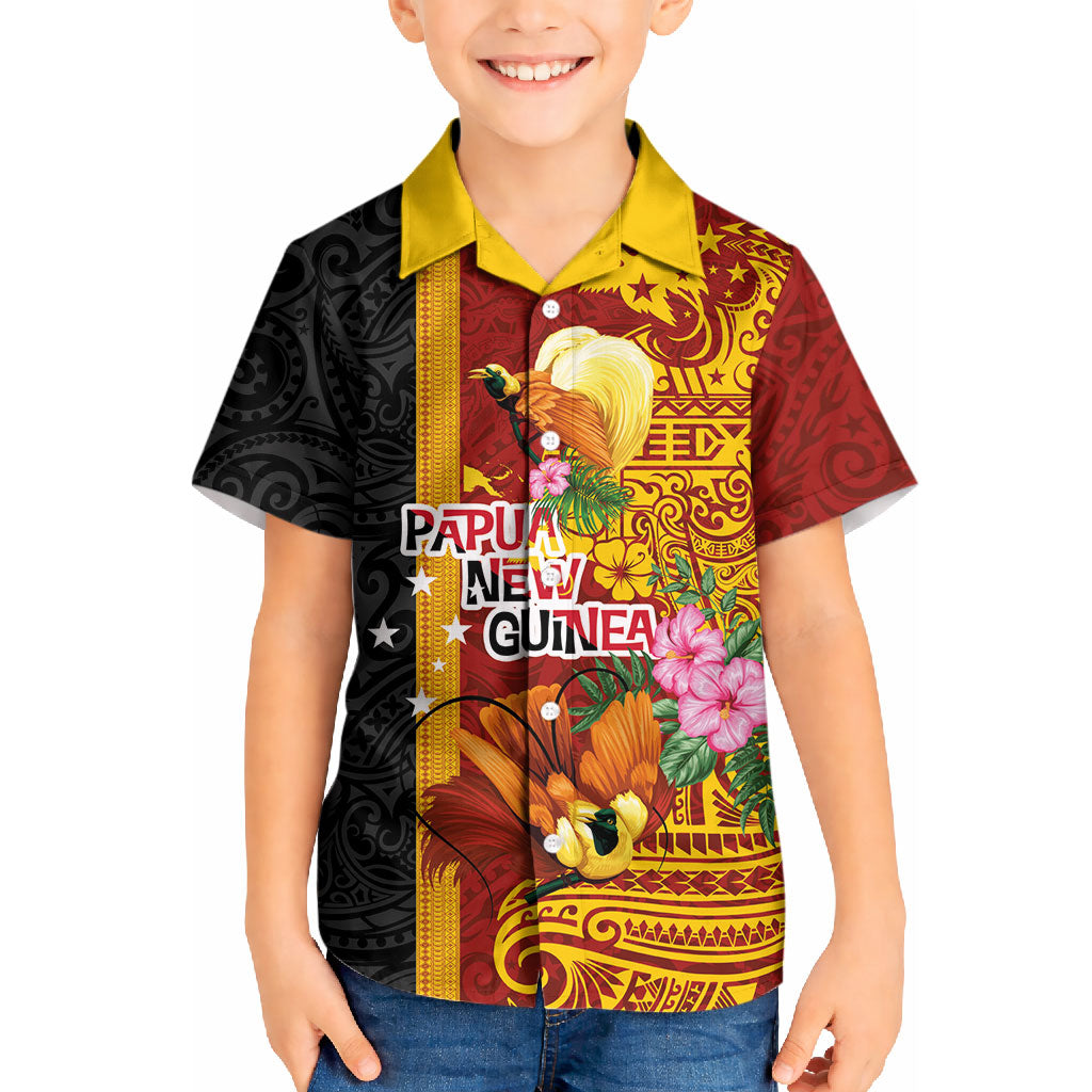 Papua New Guinea Independence Day Kid Hawaiian Shirt Birds-of-Paradise Melanesian Tattoos Tropical Plants LT03 Kid Multicolor - Polynesian Pride