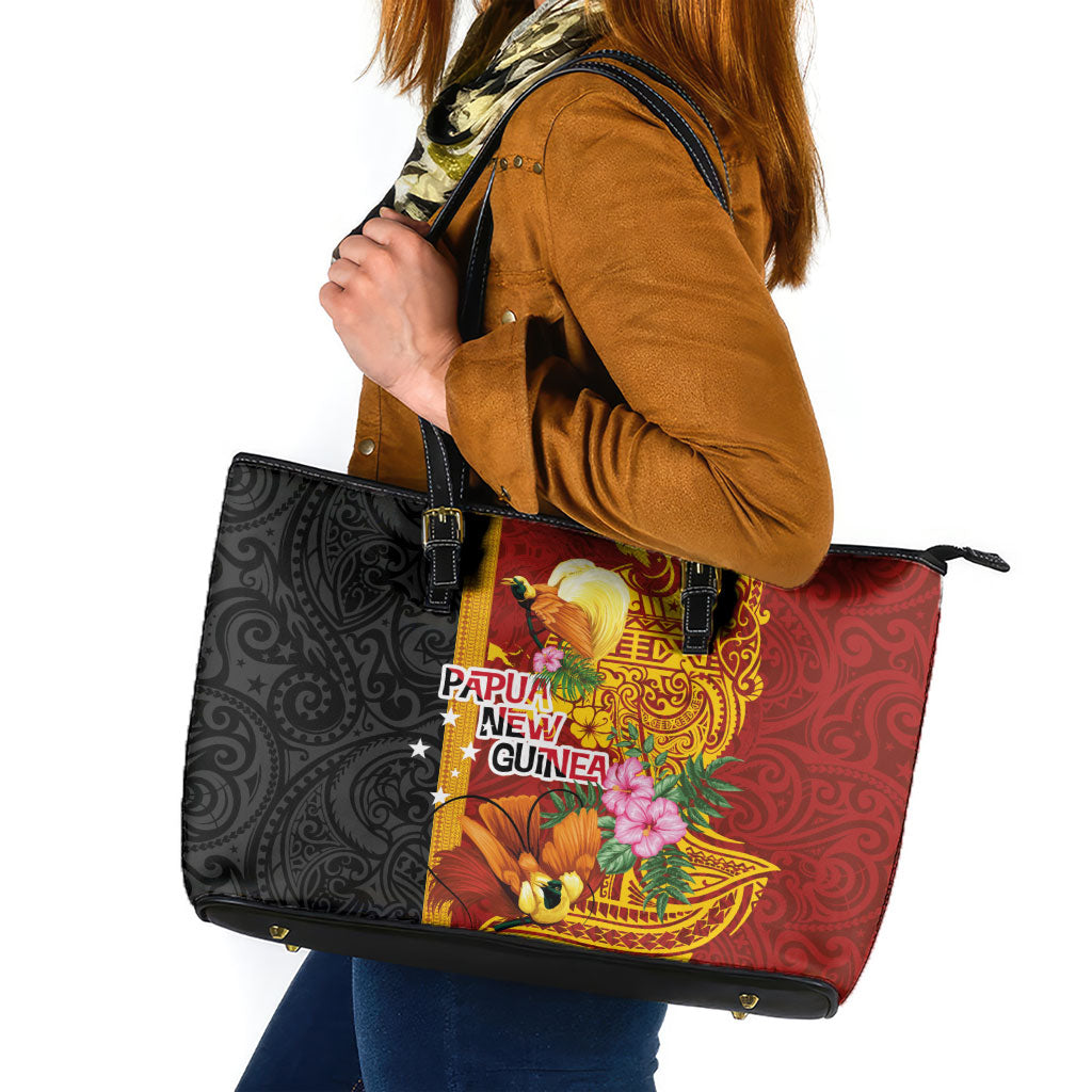 Papua New Guinea Independence Day Leather Tote Bag Birds-of-Paradise Melanesian Tattoos Tropical Plants LT03 Multicolor - Polynesian Pride