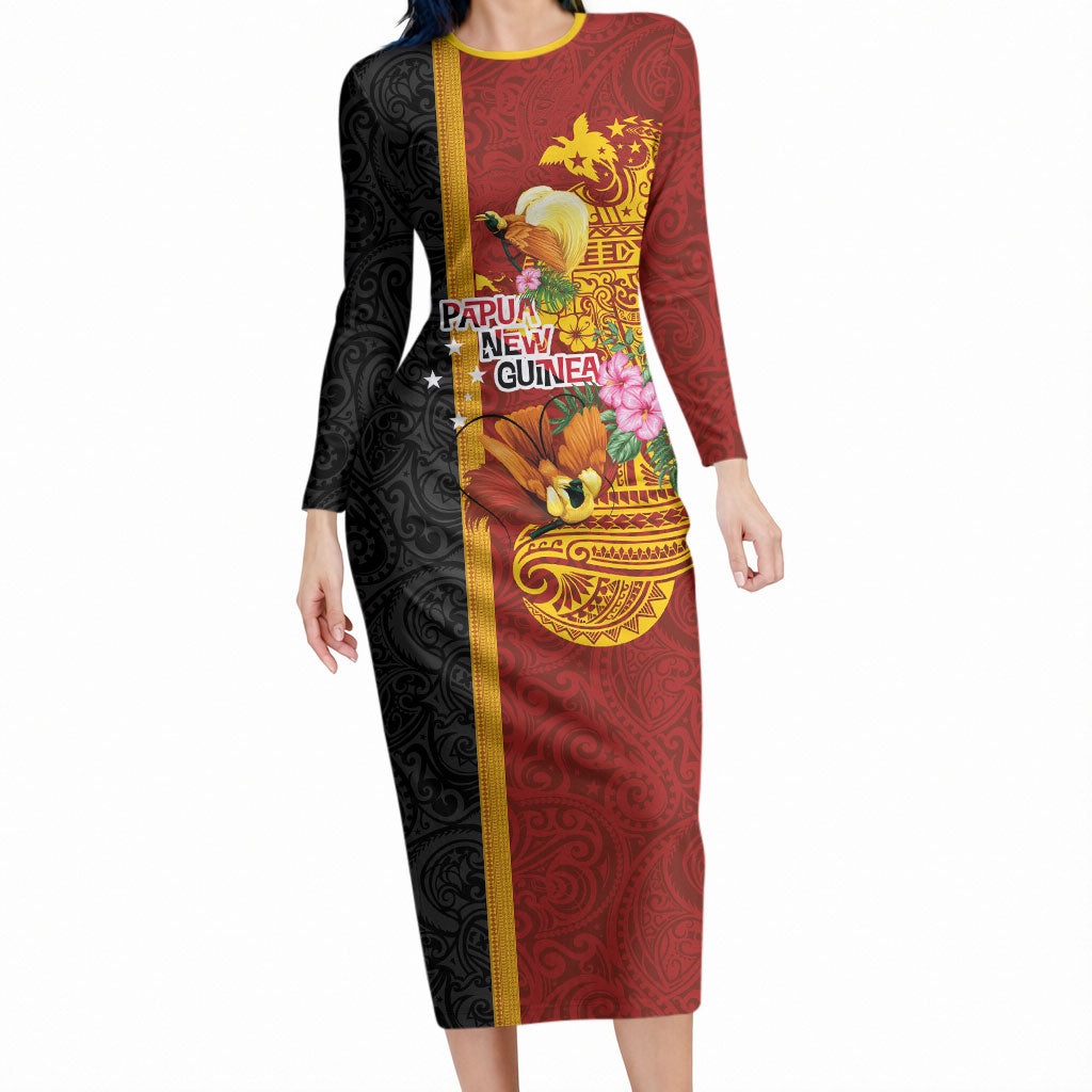 Papua New Guinea Independence Day Long Sleeve Bodycon Dress Birds-of-Paradise Melanesian Tattoos Tropical Plants LT03 Long Dress Multicolor - Polynesian Pride