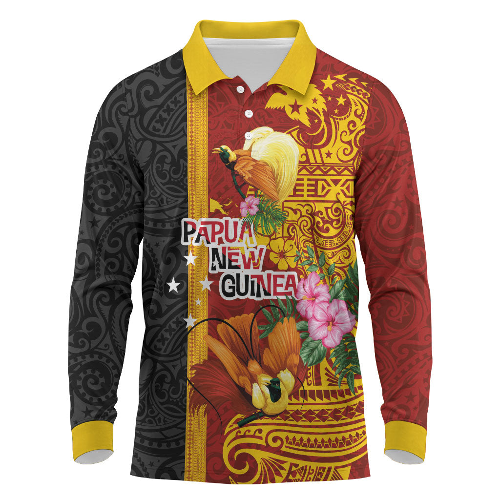 Papua New Guinea Independence Day Long Sleeve Polo Shirt Birds-of-Paradise Melanesian Tattoos Tropical Plants LT03 Multicolor - Polynesian Pride