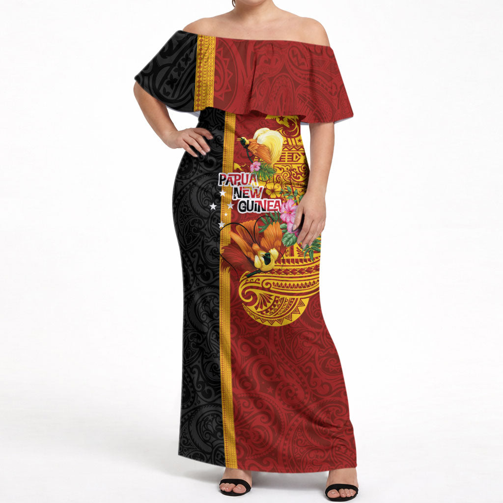 Papua New Guinea Independence Day Off Shoulder Maxi Dress Birds-of-Paradise Melanesian Tattoos Tropical Plants LT03 Women Multicolor - Polynesian Pride