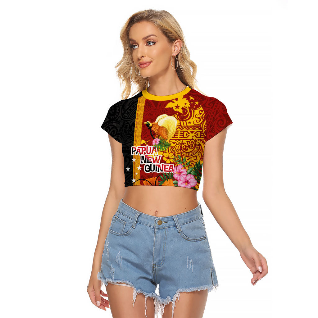 Papua New Guinea Independence Day Raglan Cropped T Shirt Birds-of-Paradise Melanesian Tattoos Tropical Plants LT03 Female Multicolor - Polynesian Pride