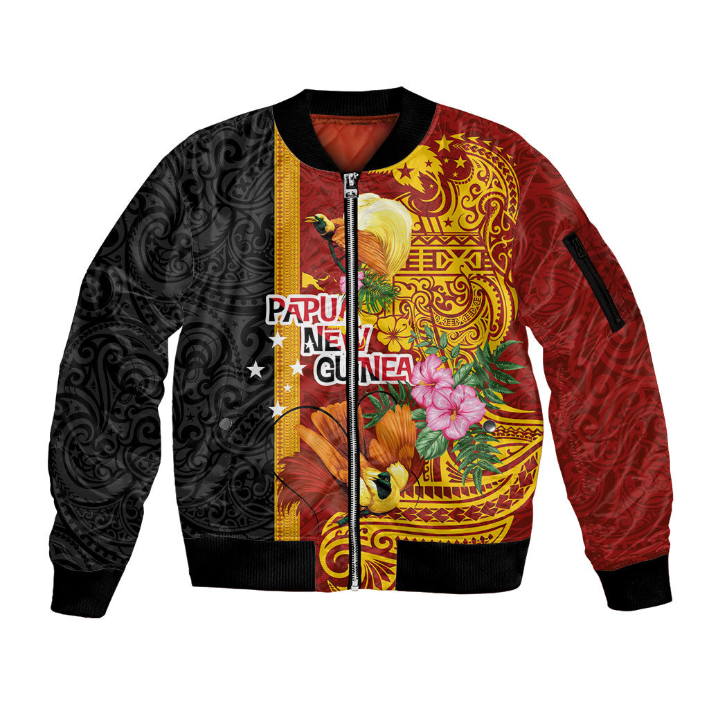 Papua New Guinea Independence Day Sleeve Zip Bomber Jacket Birds-of-Paradise Melanesian Tattoos Tropical Plants LT03 Unisex Multicolor - Polynesian Pride