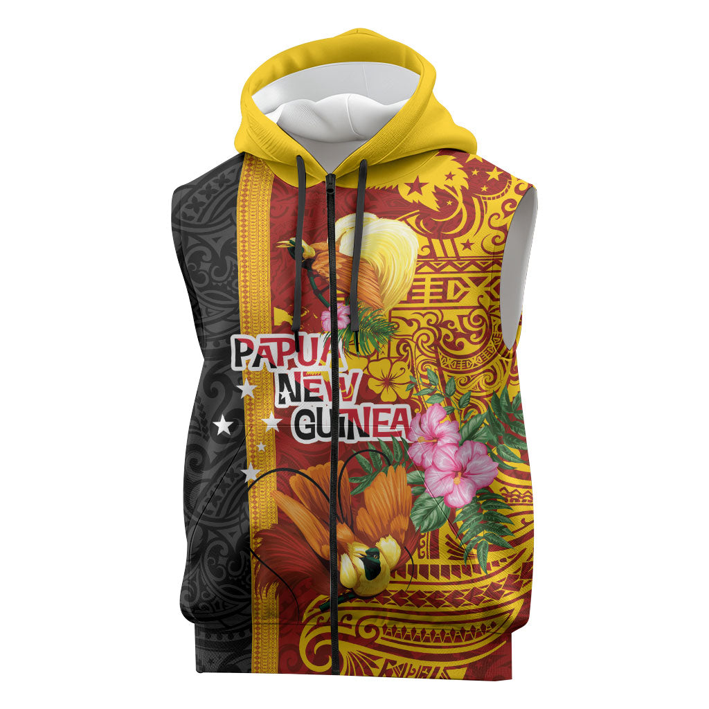 Papua New Guinea Independence Day Sleeveless Zip Hoodie Birds-of-Paradise Melanesian Tattoos Tropical Plants LT03 Multicolor - Polynesian Pride