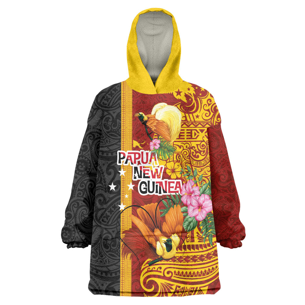 Papua New Guinea Independence Day Wearable Blanket Hoodie Birds-of-Paradise Melanesian Tattoos Tropical Plants LT03 One Size Multicolor - Polynesian Pride