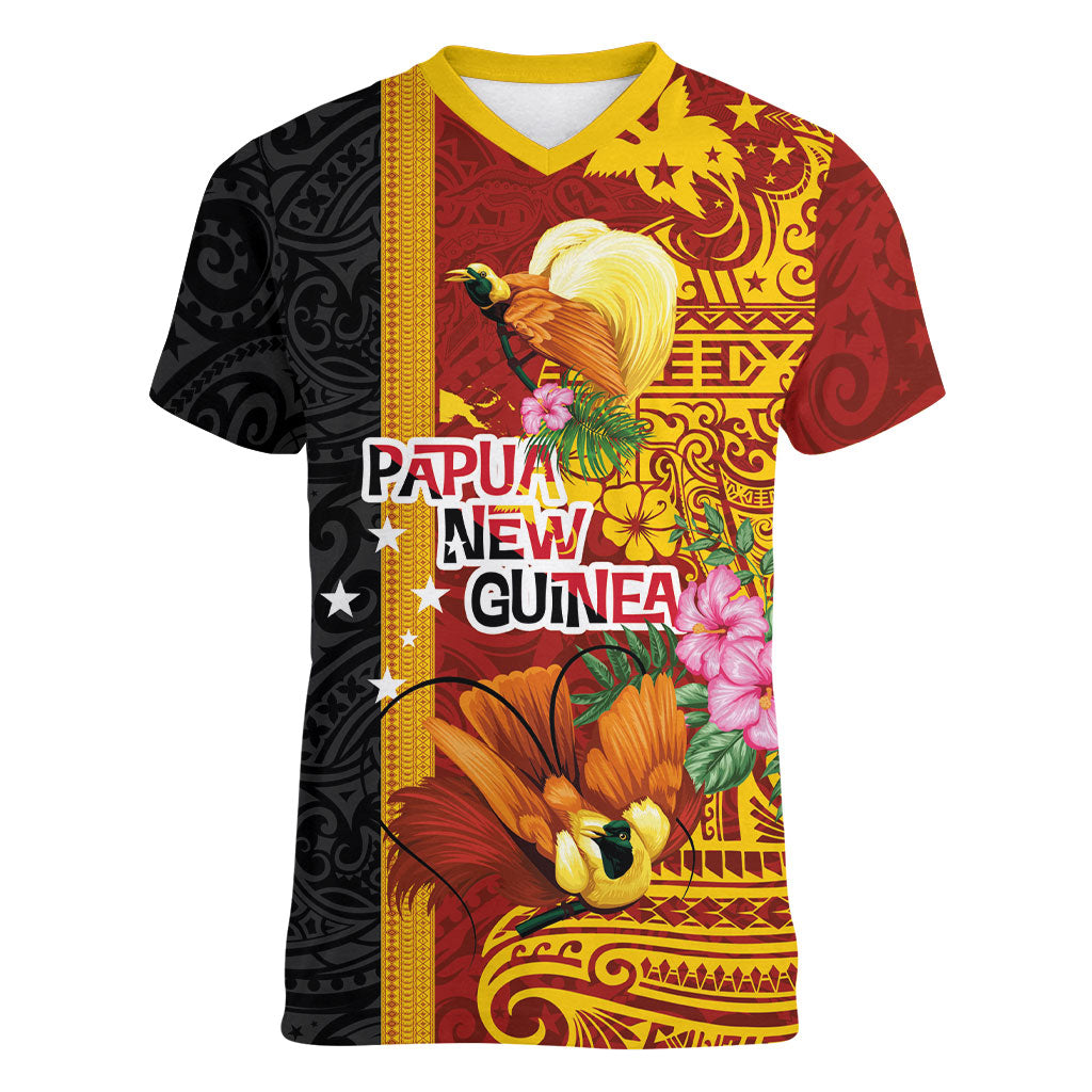 Papua New Guinea Independence Day Women V-Neck T-Shirt Birds-of-Paradise Melanesian Tattoos Tropical Plants LT03 Female Multicolor - Polynesian Pride