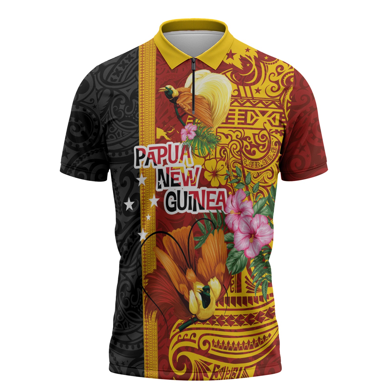 Papua New Guinea Independence Day Zipper Polo Shirt Birds-of-Paradise Melanesian Tattoos Tropical Plants LT03 Multicolor - Polynesian Pride