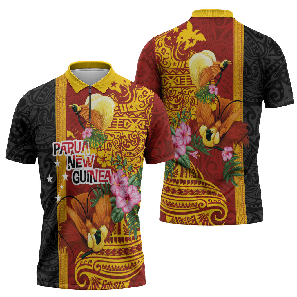 Papua New Guinea Independence Day Zipper Polo Shirt Birds-of-Paradise Melanesian Tattoos Tropical Plants