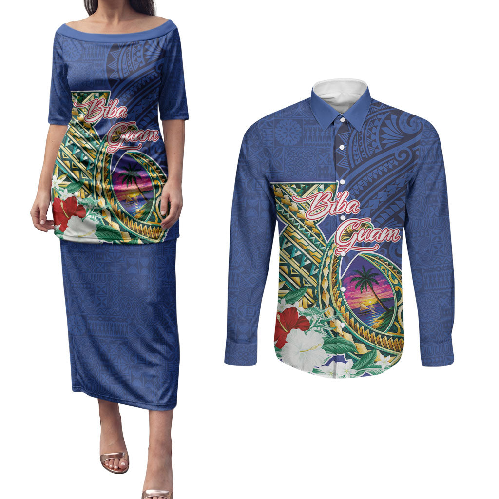 Guam Chamorro Couples Matching Puletasi and Long Sleeve Button Shirt Tribal Latte Stone and Seal Artwork Polynesian Patterns LT03 Multicolor - Polynesian Pride