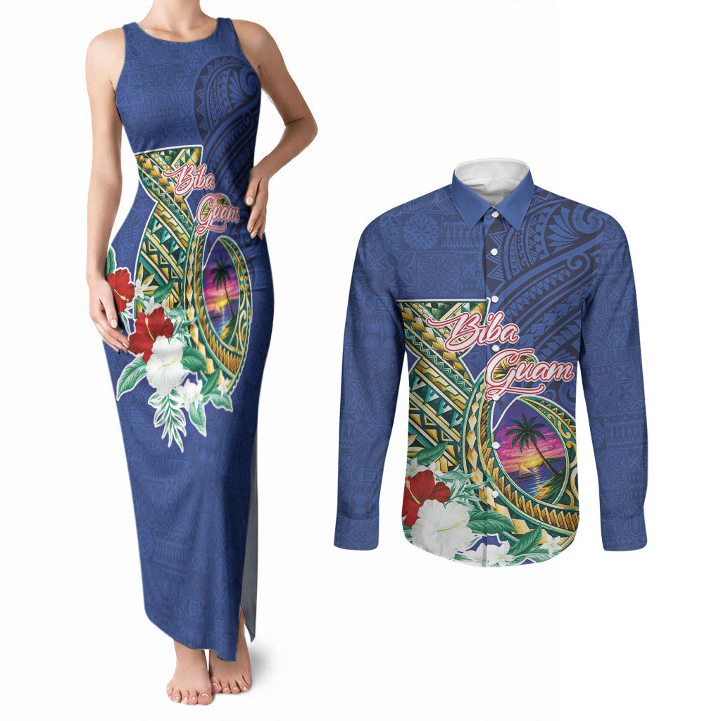 Guam Chamorro Couples Matching Tank Maxi Dress and Long Sleeve Button Shirt Tribal Latte Stone and Seal Artwork Polynesian Patterns LT03 Multicolor - Polynesian Pride
