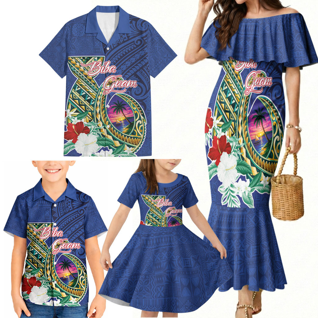 Guam Chamorro Family Matching Mermaid Dress and Hawaiian Shirt Tribal Latte Stone and Seal Artwork Polynesian Patterns