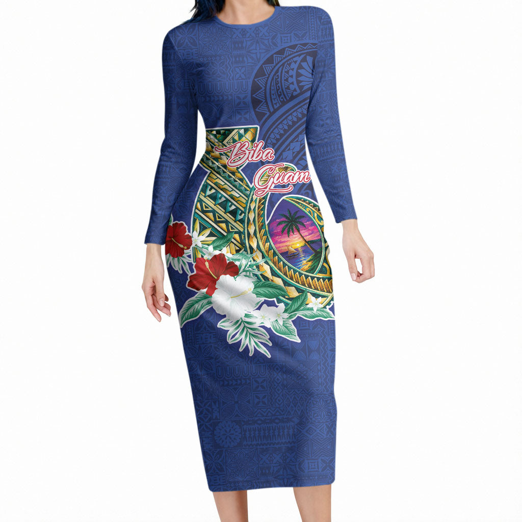 Guam Chamorro Long Sleeve Bodycon Dress Tribal Latte Stone and Seal Artwork Polynesian Patterns LT03 Long Dress Multicolor - Polynesian Pride