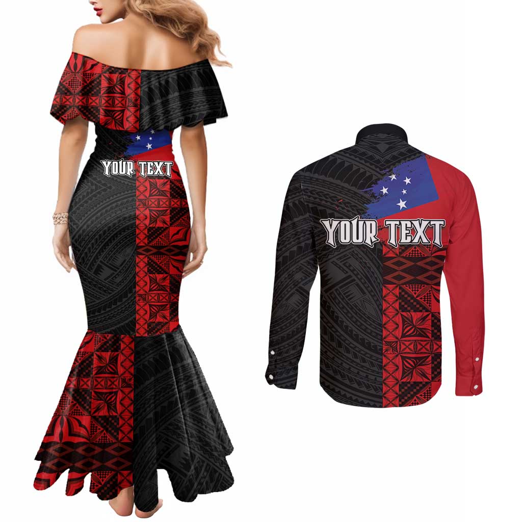 Personalised Samoa 685 Couples Matching Mermaid Dress and Long Sleeve Button Shirt Siapo Pattern and Samoa Flag Design