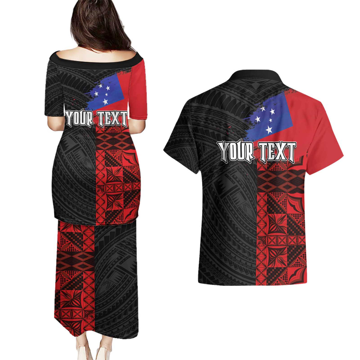 Personalised Samoa 685 Couples Matching Puletasi and Hawaiian Shirt Siapo Pattern and Samoa Flag Design