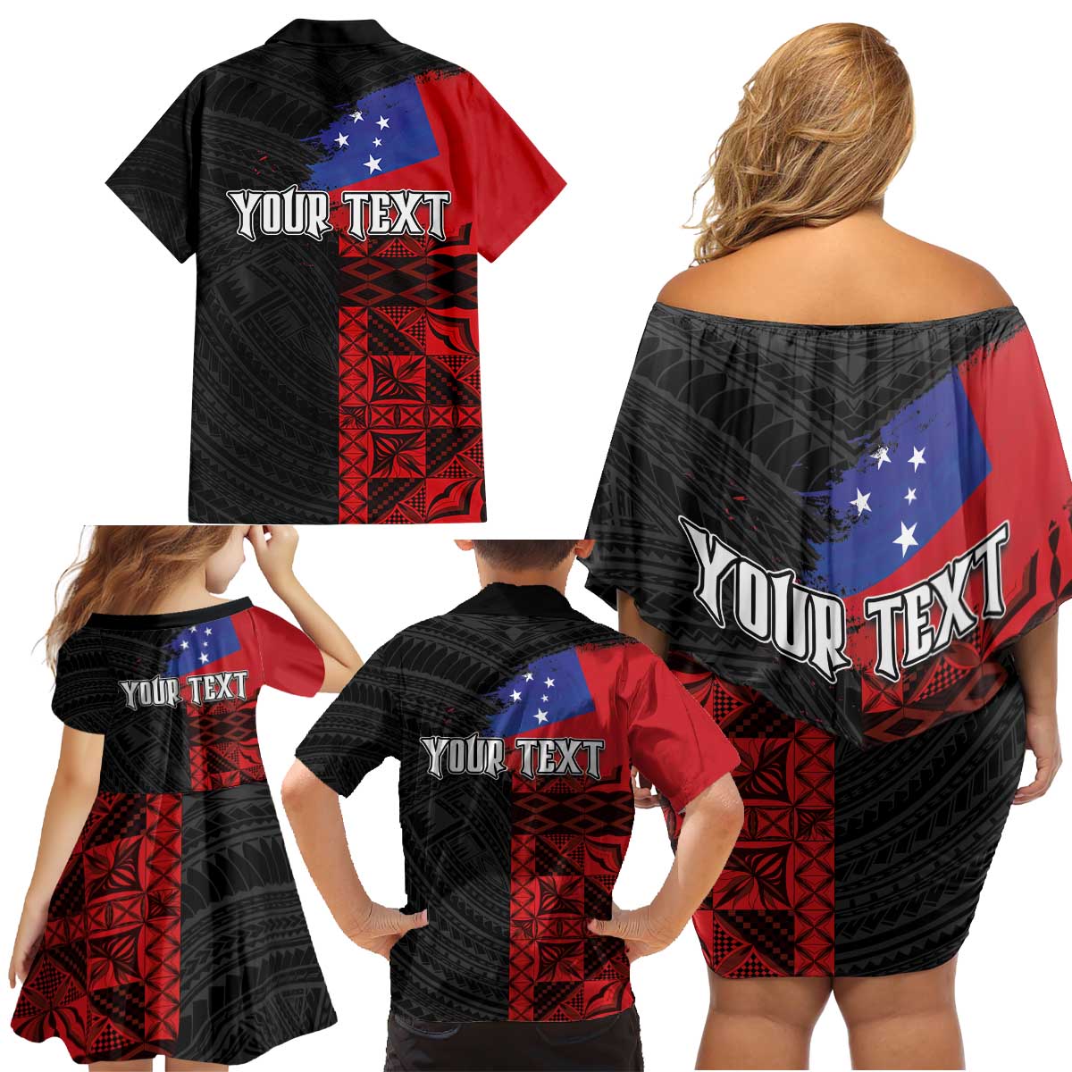 Personalised Samoa 685 Family Matching Off Shoulder Short Dress and Hawaiian Shirt Siapo Pattern and Samoa Flag Design