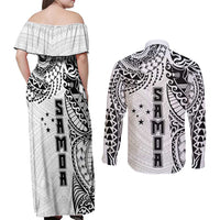 Samoa 685 Art Traditional Tattoo Pattern Couples Matching Off Shoulder Maxi Dress and Long Sleeve Button Shirt White Color