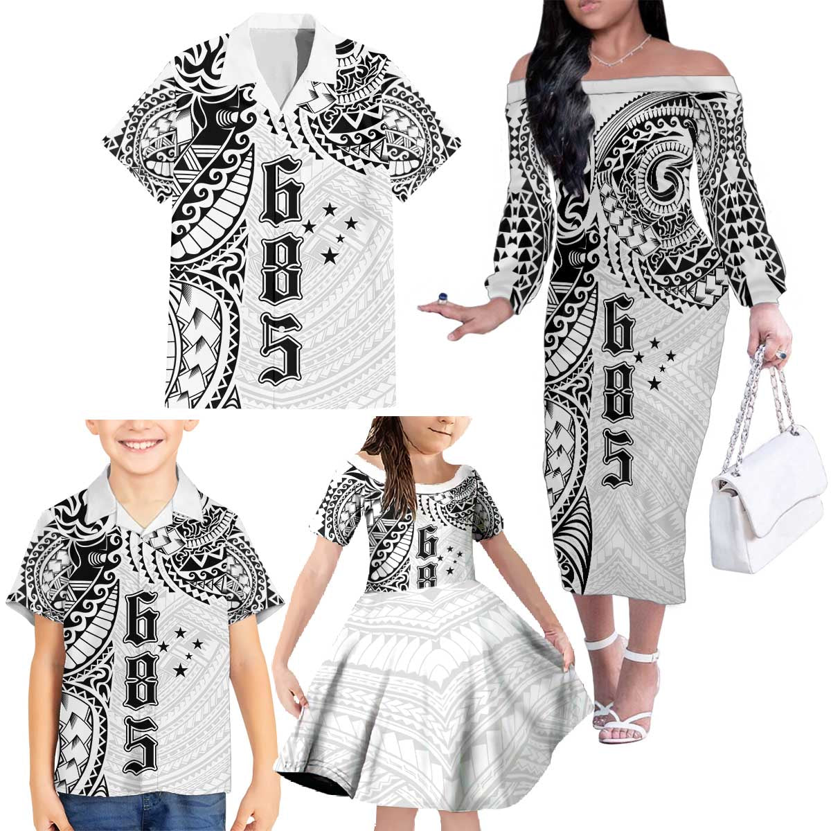 Samoa 685 Art Traditional Tattoo Pattern Family Matching Off The Shoulder Long Sleeve Dress and Hawaiian Shirt White Color LT03 - Polynesian Pride