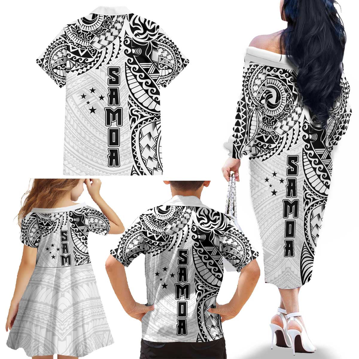 Samoa 685 Art Traditional Tattoo Pattern Family Matching Off The Shoulder Long Sleeve Dress and Hawaiian Shirt White Color LT03 - Polynesian Pride
