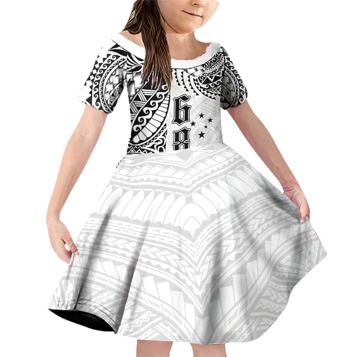 Samoa 685 Art Traditional Tattoo Pattern Family Matching Off Shoulder Short Dress and Hawaiian Shirt White Color LT03 Daughter's Dress White - Polynesian Pride