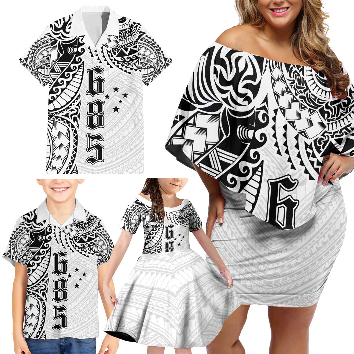 Samoa 685 Art Traditional Tattoo Pattern Family Matching Off Shoulder Short Dress and Hawaiian Shirt White Color LT03 - Polynesian Pride