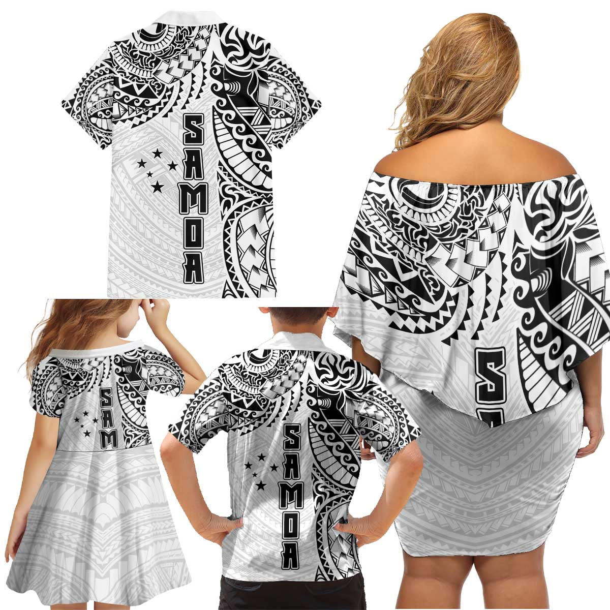 Samoa 685 Art Traditional Tattoo Pattern Family Matching Off Shoulder Short Dress and Hawaiian Shirt White Color LT03 - Polynesian Pride