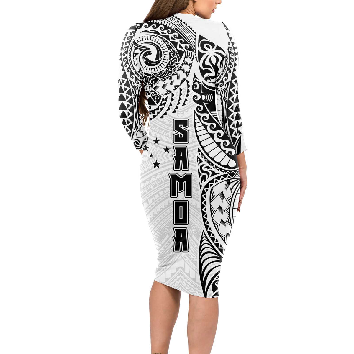 Samoa 685 Art Traditional Tattoo Pattern Long Sleeve Bodycon Dress White Color LT03 - Polynesian Pride