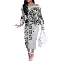 Samoa 685 Art Traditional Tattoo Pattern Off The Shoulder Long Sleeve Dress White Color LT03 Women White - Polynesian Pride