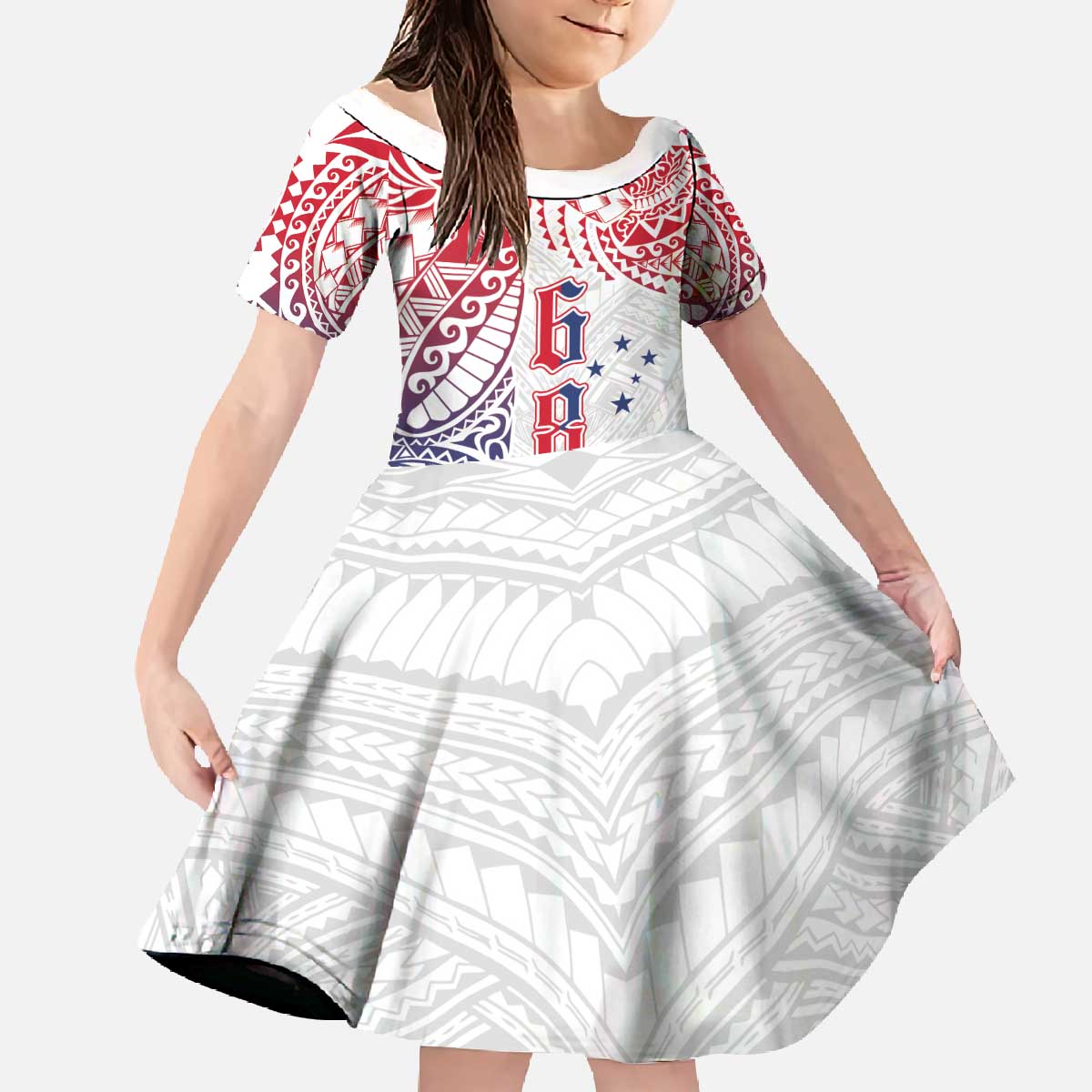 Samoa 685 Art Traditional Tattoo Pattern Family Matching Off The Shoulder Long Sleeve Dress and Hawaiian Shirt Gradient Color LT03 Daughter's Dress White - Polynesian Pride