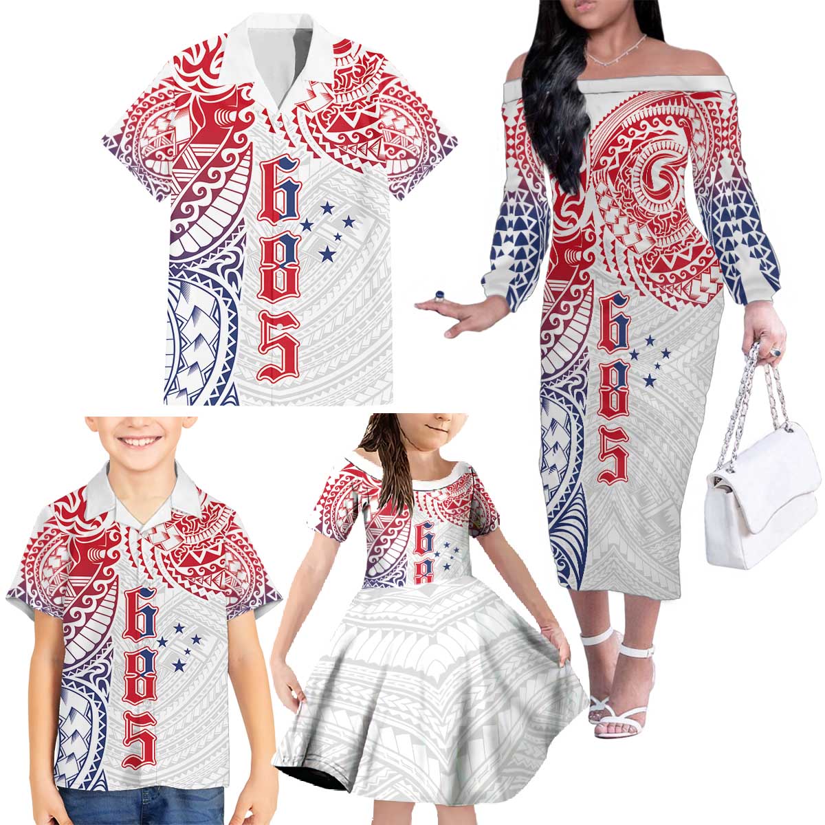 Samoa 685 Art Traditional Tattoo Pattern Family Matching Off The Shoulder Long Sleeve Dress and Hawaiian Shirt Gradient Color LT03 - Polynesian Pride