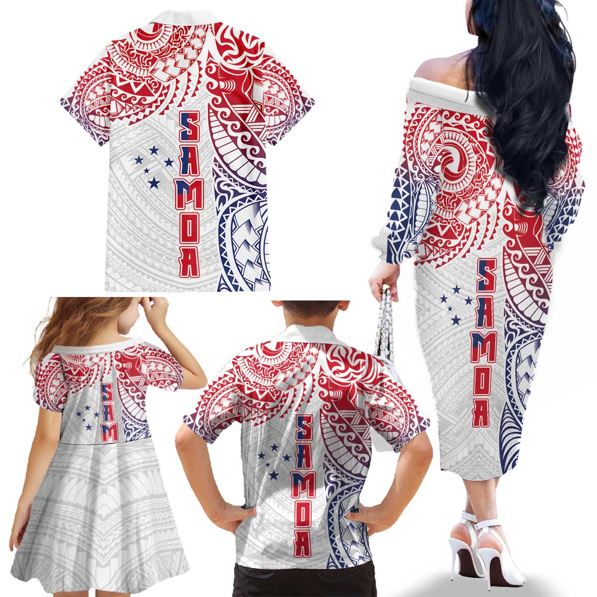 Samoa 685 Art Traditional Tattoo Pattern Family Matching Off The Shoulder Long Sleeve Dress and Hawaiian Shirt Gradient Color LT03 - Polynesian Pride