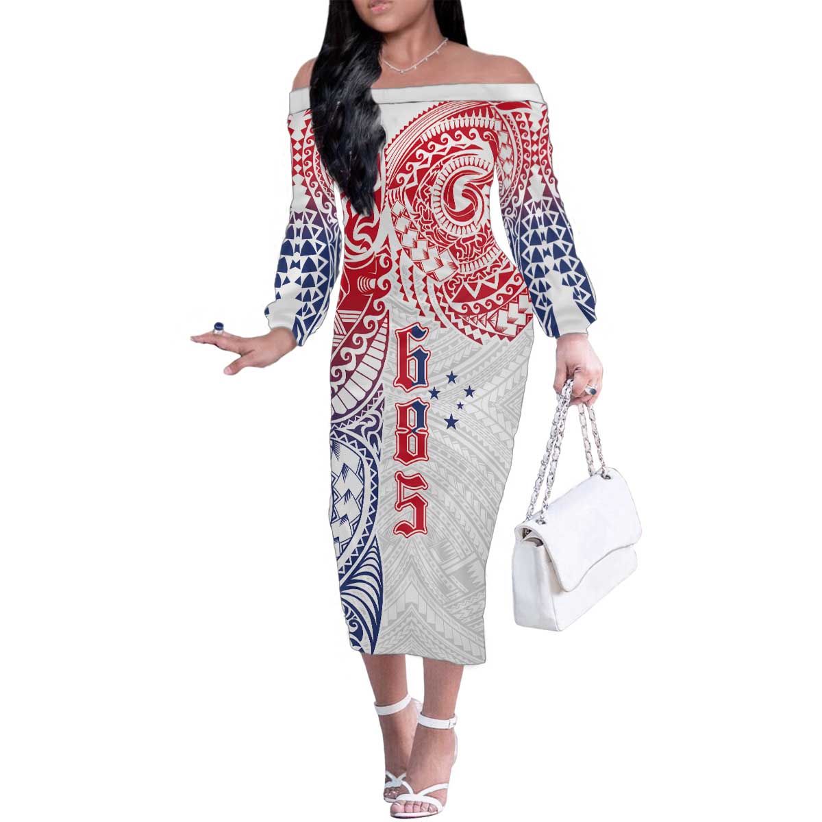 Samoa 685 Art Traditional Tattoo Pattern Family Matching Off The Shoulder Long Sleeve Dress and Hawaiian Shirt Gradient Color LT03 Mom's Dress White - Polynesian Pride