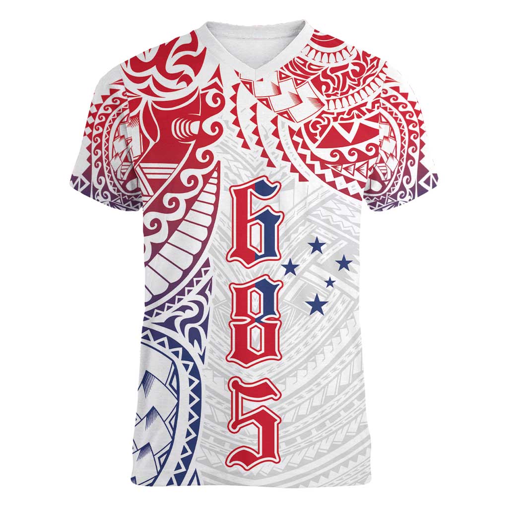 Samoa 685 Art Traditional Tattoo Pattern Women V-Neck T-Shirt Gradient Color LT03 Female White - Polynesian Pride