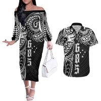 Samoa 685 Art Traditional Tattoo Pattern Couples Matching Off The Shoulder Long Sleeve Dress and Hawaiian Shirt Black Color LT03 Black - Polynesian Pride
