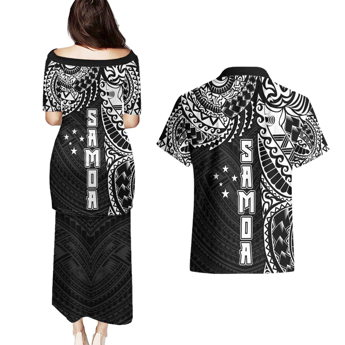 Samoa 685 Art Traditional Tattoo Pattern Couples Matching Puletasi and Hawaiian Shirt Black Color